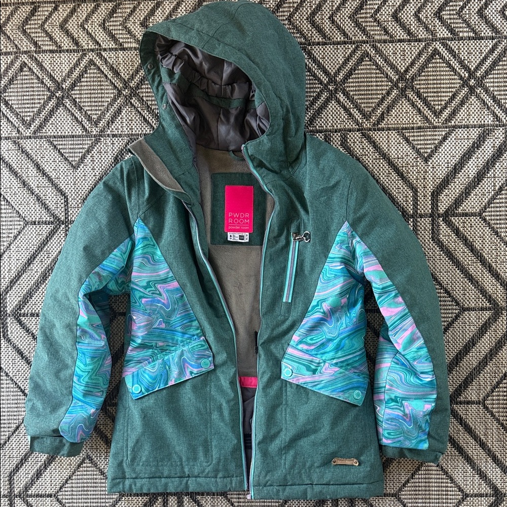 PWDR Room 90s Women's Teal and Multicolor Ski Snow Outdoor‎ Athletic Jacket Sz M